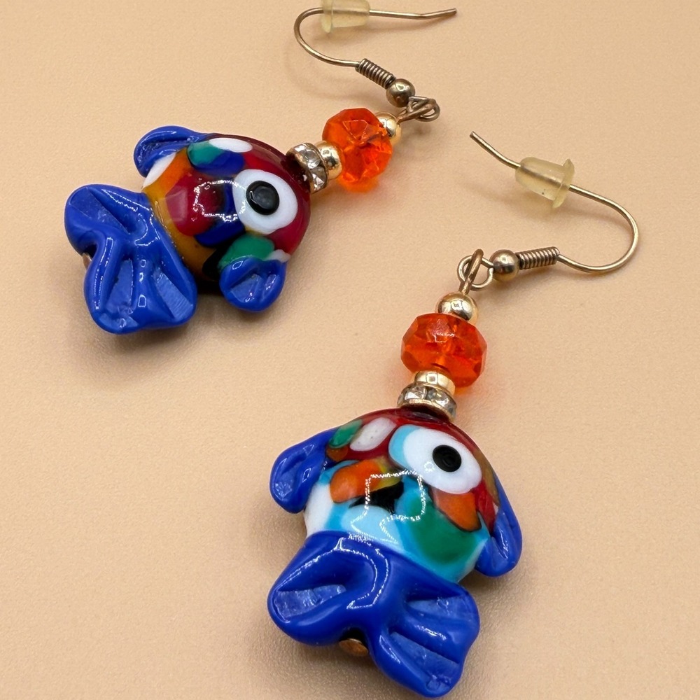 Art Glass Fish Dangle Earrings Colorful Blue Orange Lampwork Whimsical Boho Gift